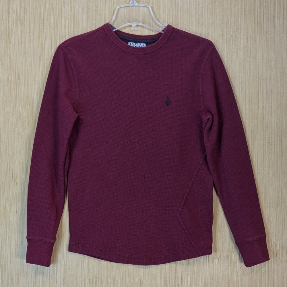 Volcom Thermal Shirt Mens XS Long Sleeve Waffle Knit Burgundy Maroon Stone Logo‎